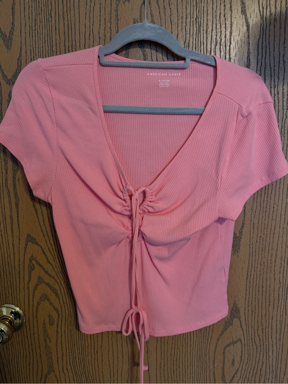 American Eagle Outfitters Mauve-Pink Ribbed Ruched Tie-Front Crop Top